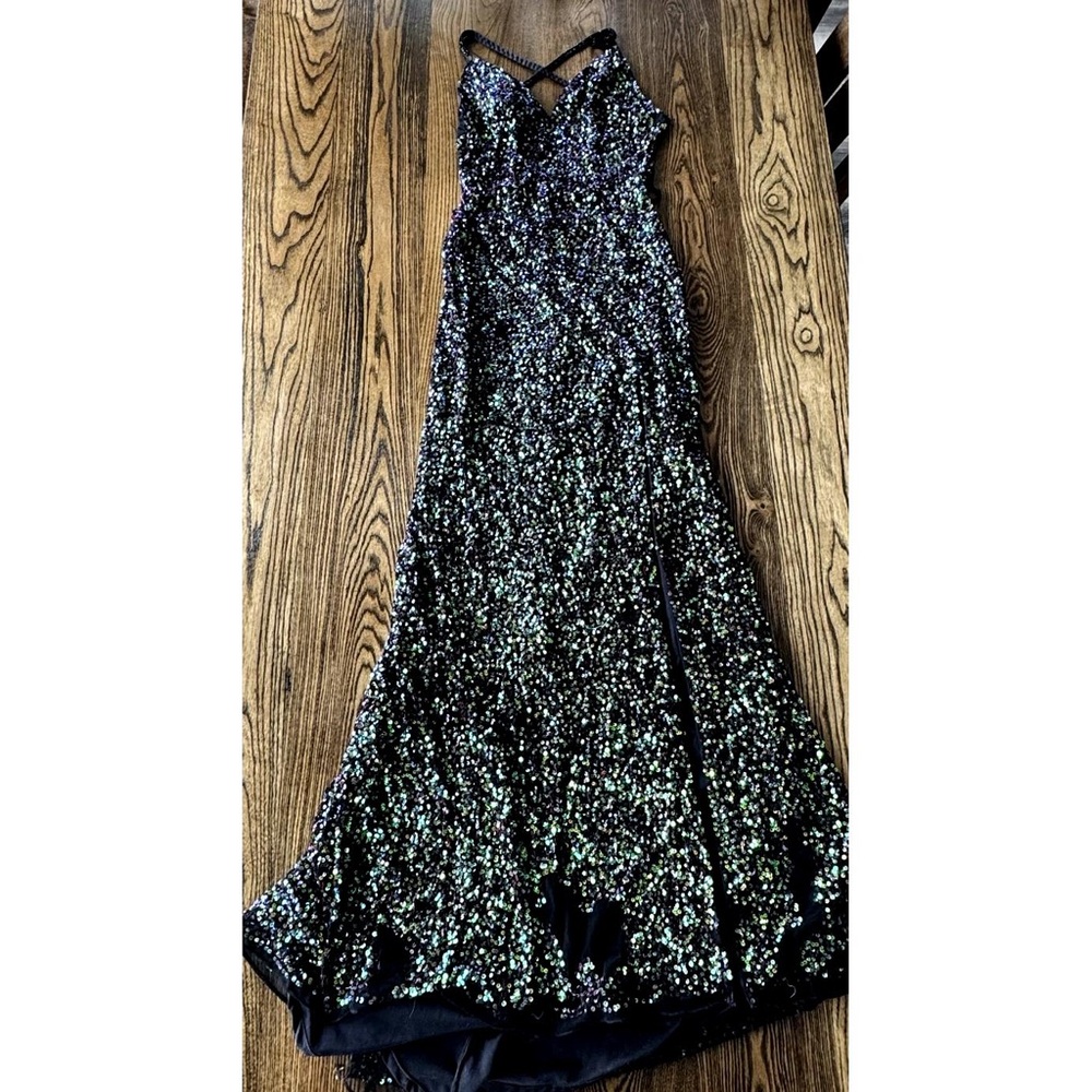 Y2K Primavera Sequin Maxi Dress Open Back Slit Sparkle Prom